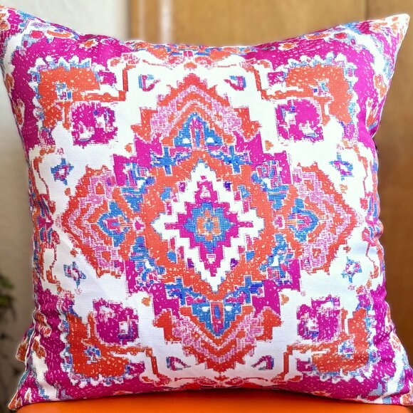 Set/2 Vibrant Pink & Orange Persian Design Outdoor Patio Pillow Cushion Covers - Picture 2 of 4